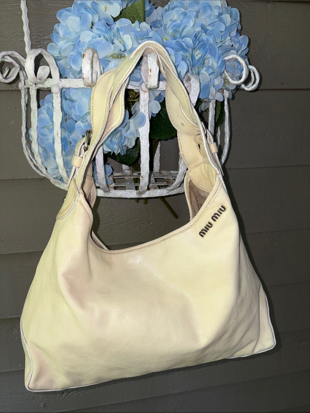 MIU MIU VITELLO LEATHER HOBO SHOULDER BAG IN SOFTEST YELLOW